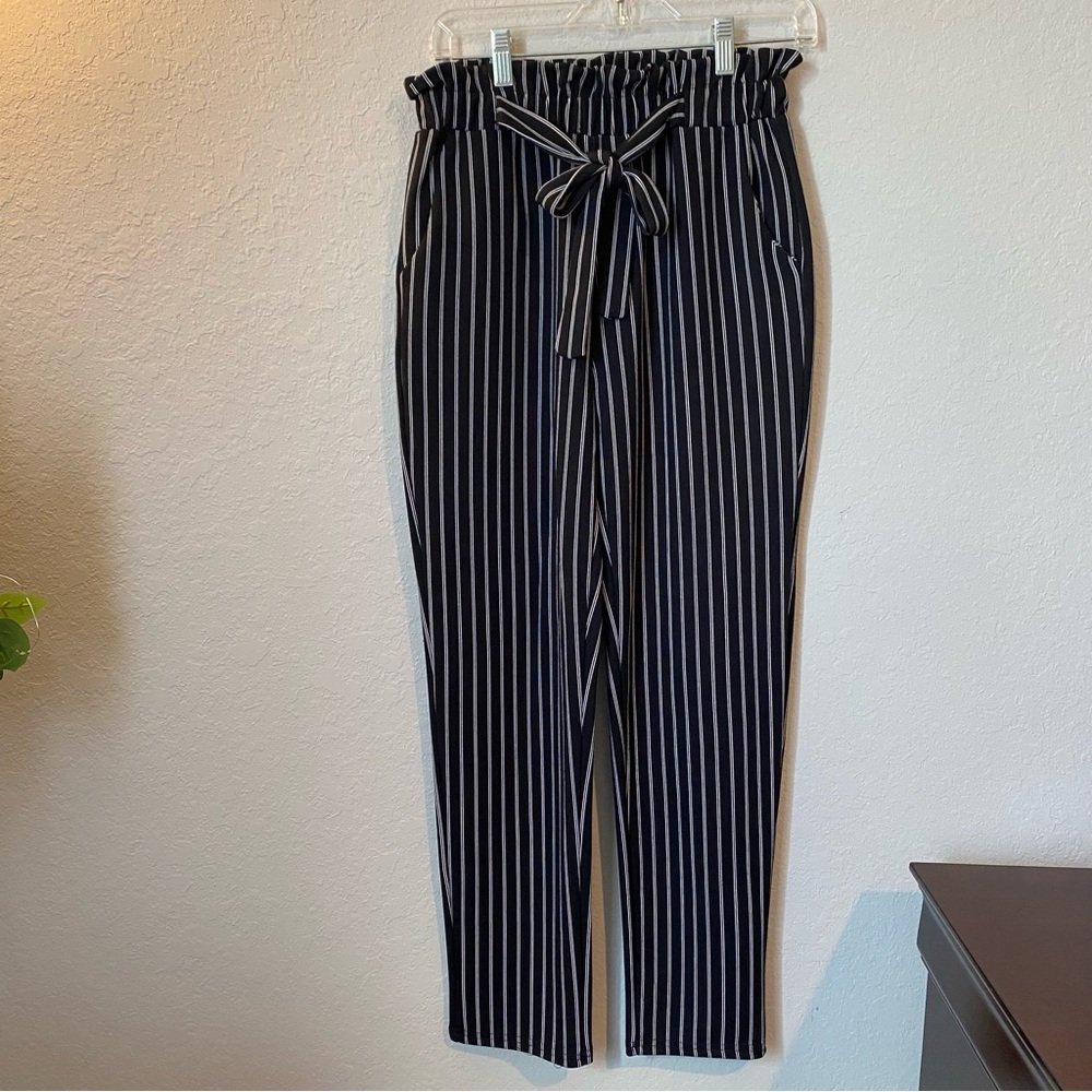 Soho Apparel Black and White Striped Trousers with cinched waist and tie